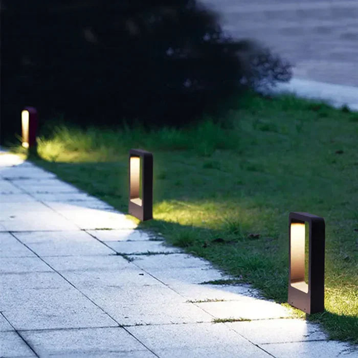 Weatherproof outdoor LED bollard light shown from the side
