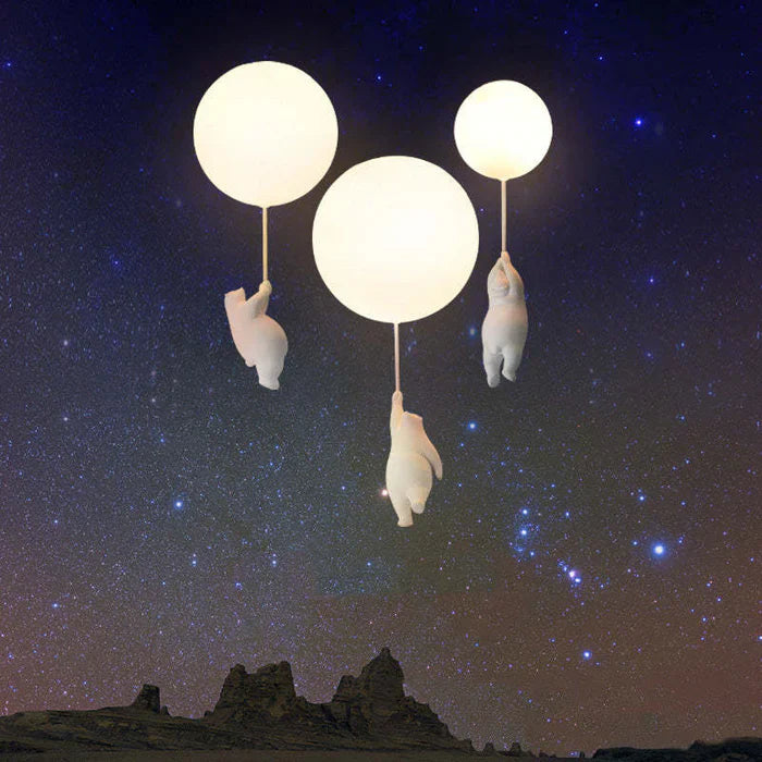 Bear and balloon pendant light with frosted glass shade shown in use