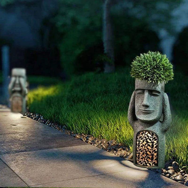 Abstract face planter with solar LED close-up of the finish