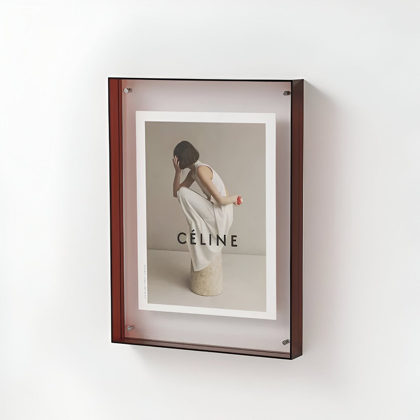 Clear acrylic floating picture frame detail view