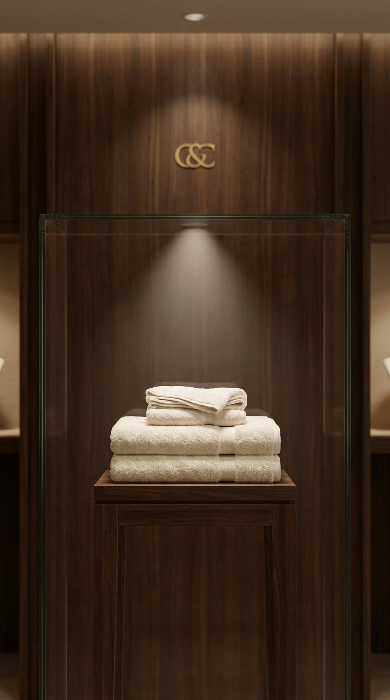 Casa & Cosy Signature Face Set displayed in a dark walnut boutique display case with spotlight and gold C&C monogram