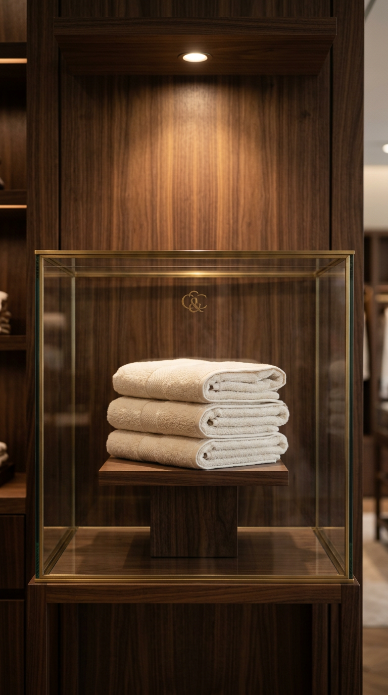 Casa & Cosy Signature Everyday Set displayed in a dark walnut boutique display case with spotlight and gold C&C monogram