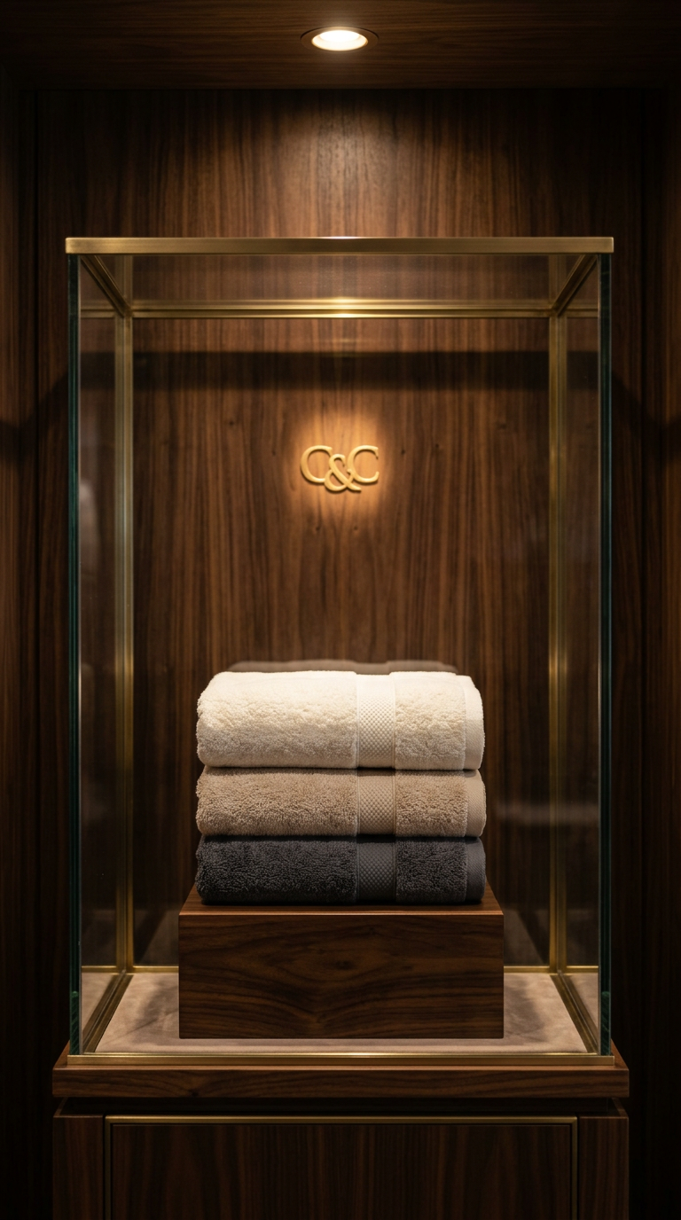 Casa & Cosy Signature Large Set displayed in a dark walnut boutique display case with spotlight and gold C&C monogram