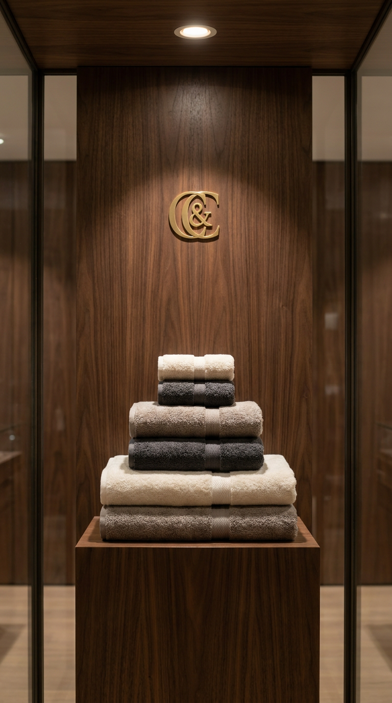 Casa & Cosy Signature Complete Set displayed in a dark walnut boutique display case with spotlight and gold C&C monogram