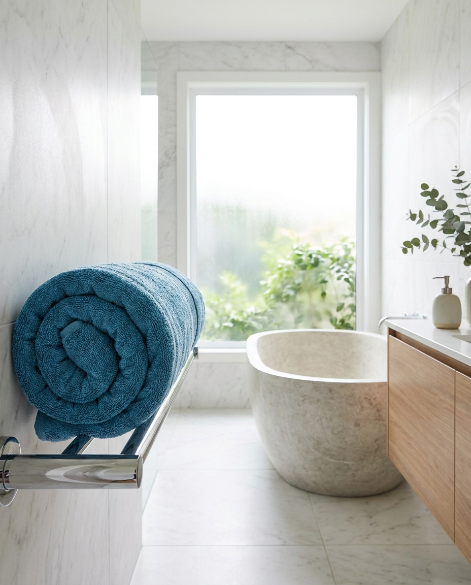 Ocean Blue towel in bathroom