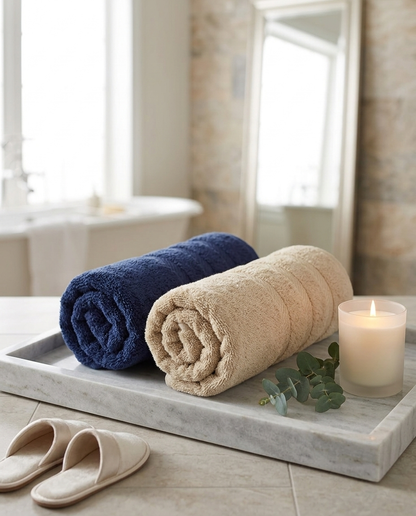 Casa & Cosy Essentials — Navy & Sand towels lifestyle (spa/marble)