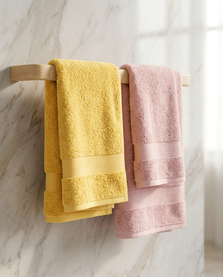 Casa & Cosy Family Towel Bundle — Yellow & Soft Pink lifestyle (spa/marble)