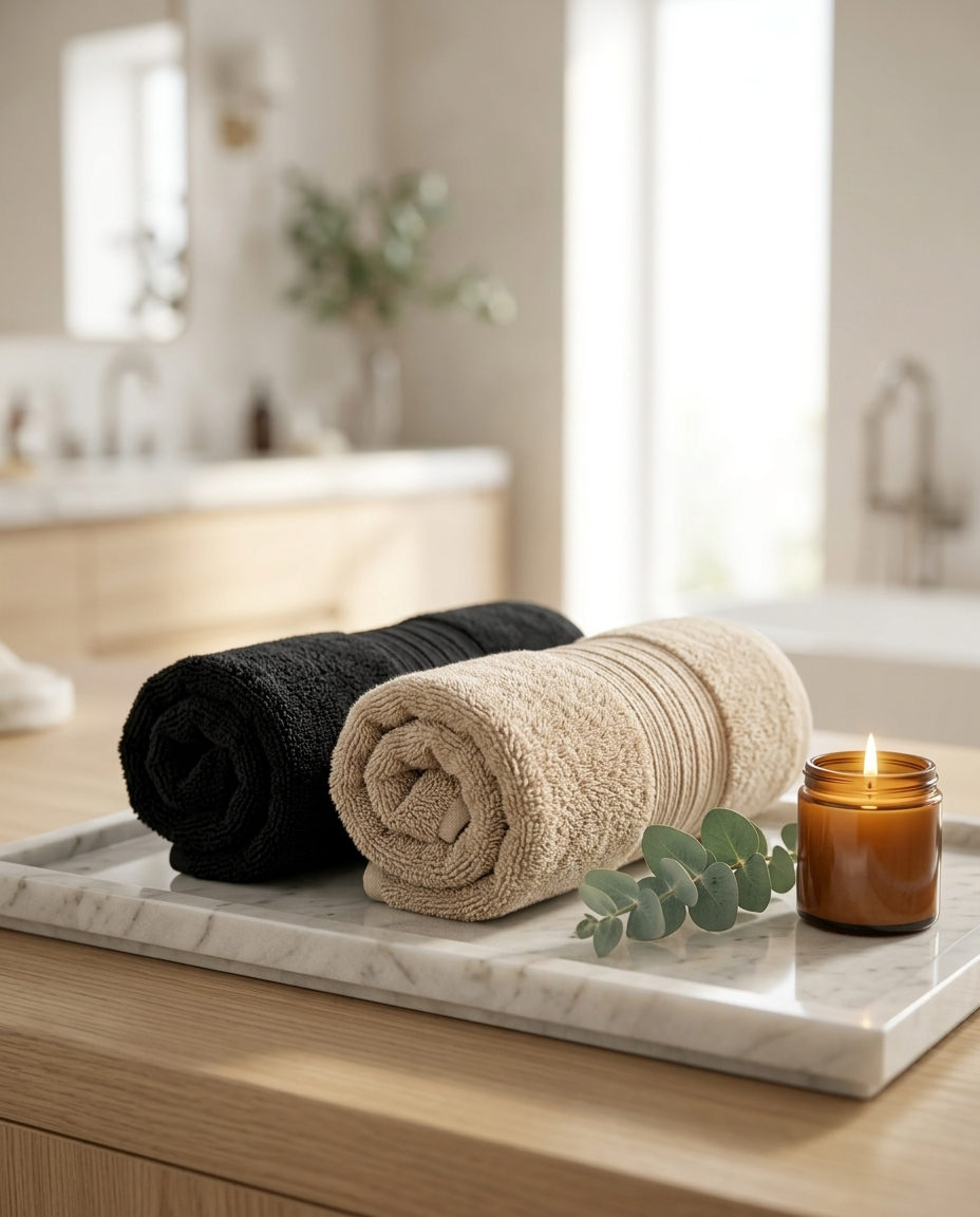 Casa & Cosy Family Towel Bundle — Black & Beige lifestyle (spa/marble)