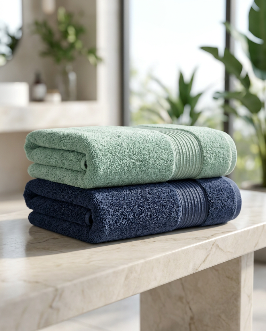 Casa & Cosy Family Towel Bundle — Navy & Mint Green lifestyle (spa/marble)